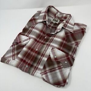 ELY Cattleman Western Pearl Snap Shirt Red Brown Plaid Large Tall Short Sleeve
